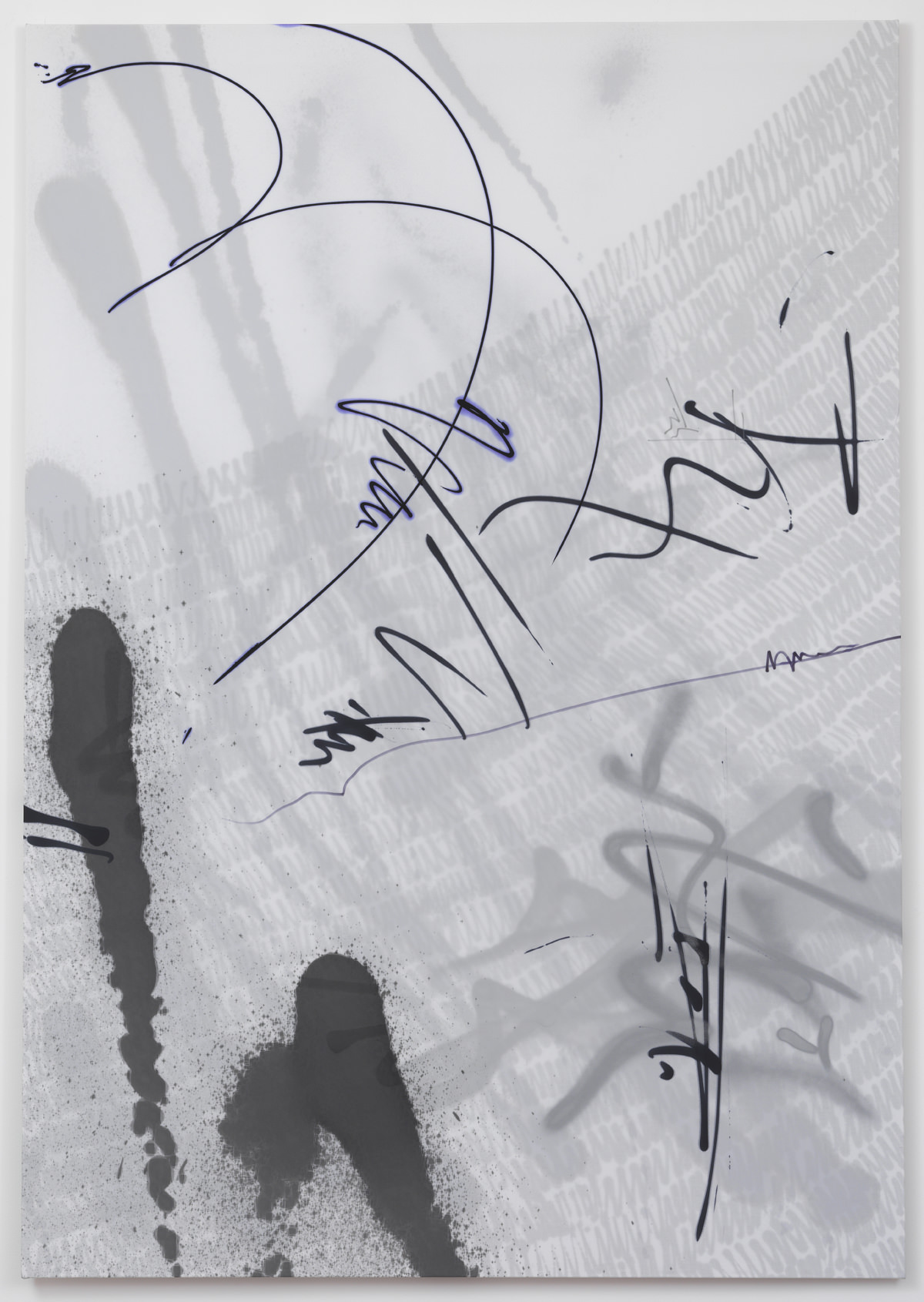 Ziggy Grudzinskas, Eternally Grating, 2015, ink & spray paint on polyester & muslin, 200 x 140 cm