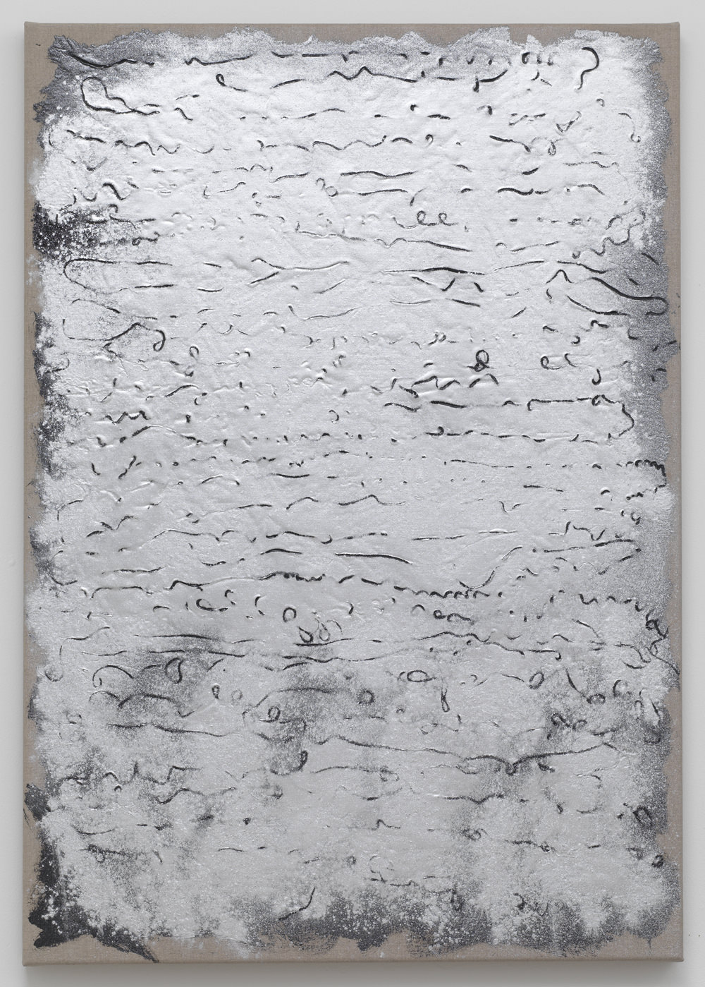 Ziggy Grudzinskas, Tablet, 2015, bitumen & silver pigment on linen, 100 x 70 cm