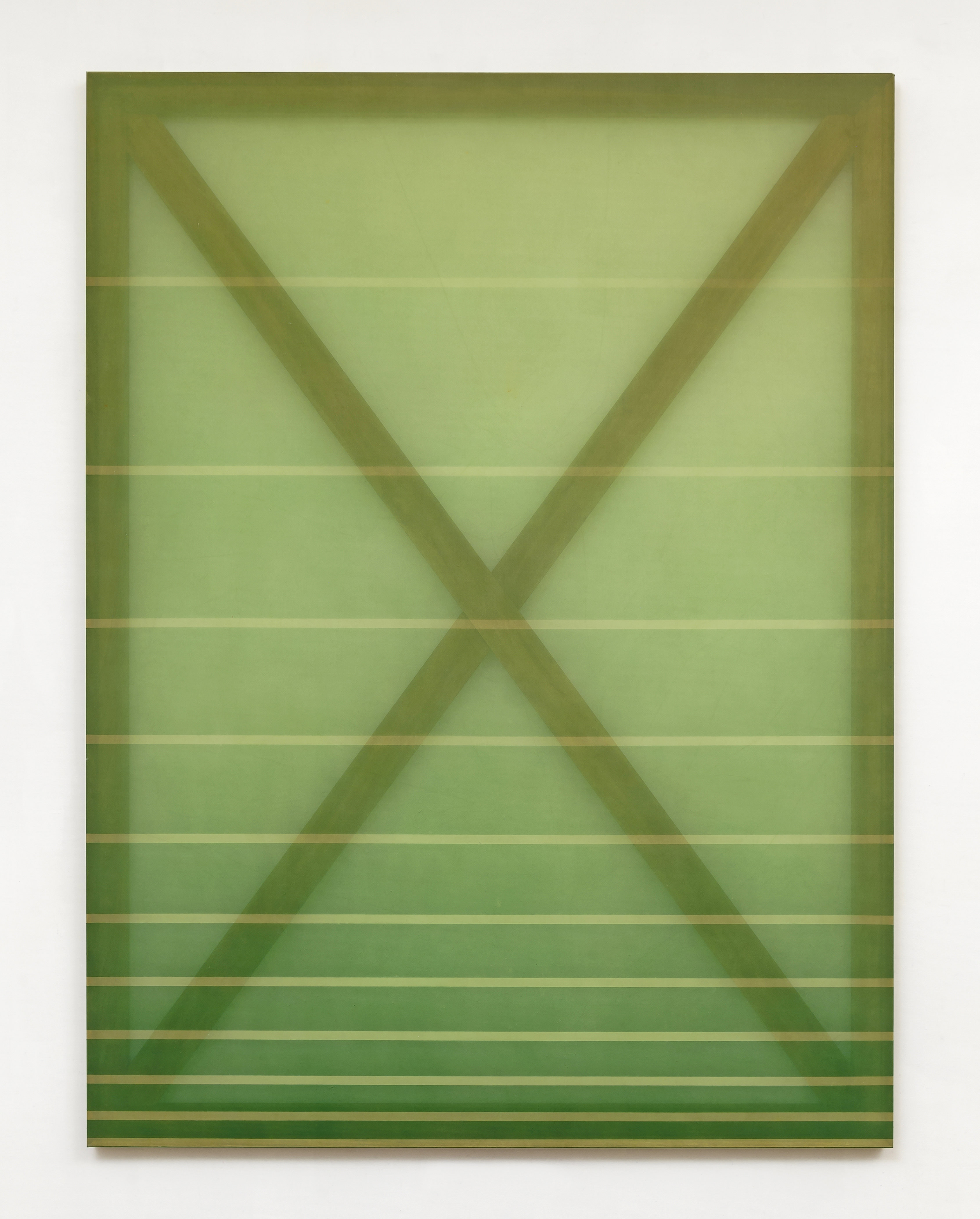 Rebecca Ward, X (green and yellow), 2015, oil and dye on silk, 60 x 45 in