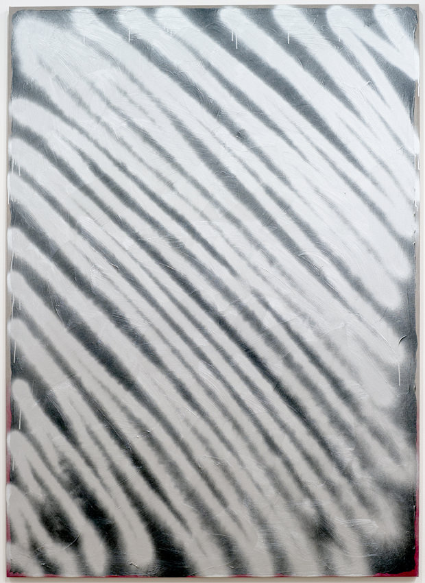 Ziggy Grudinskas, Burner, 2014, bitumen paint and spray paint on linen, 250 x 180 cm