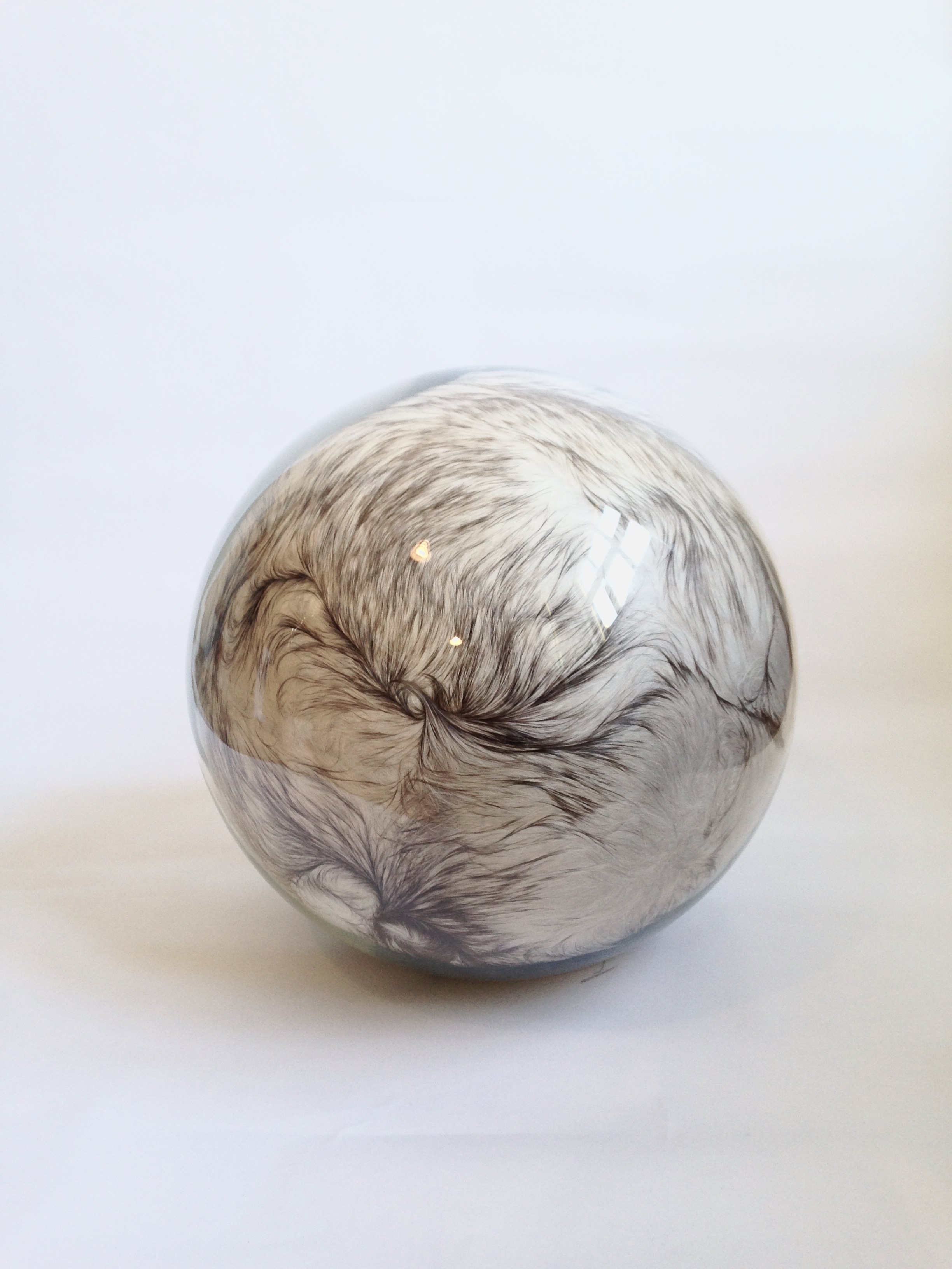 Adeline de Monseignat, Hairy Eye Ball VIII, 2015, vintage fur, pillow filler, glass, felt base, 30 cm diameter