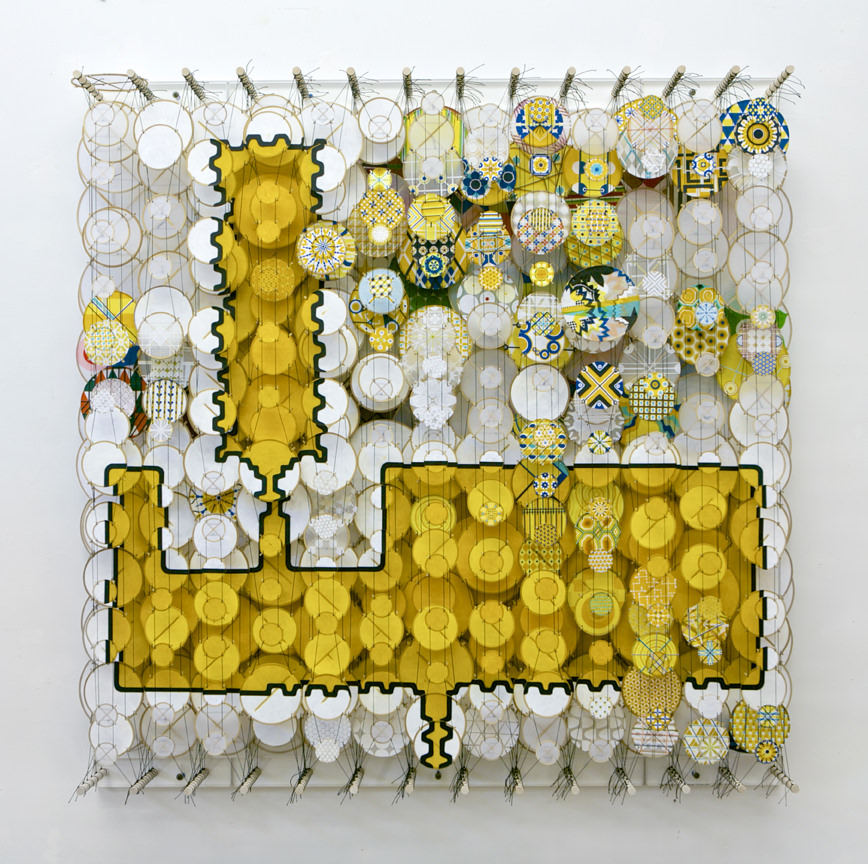 Jacob Hashimoto, Straight to the Heart of Tomorrow, 2013, acrylic, paper, Dacron, wood, 122 x 122 cm