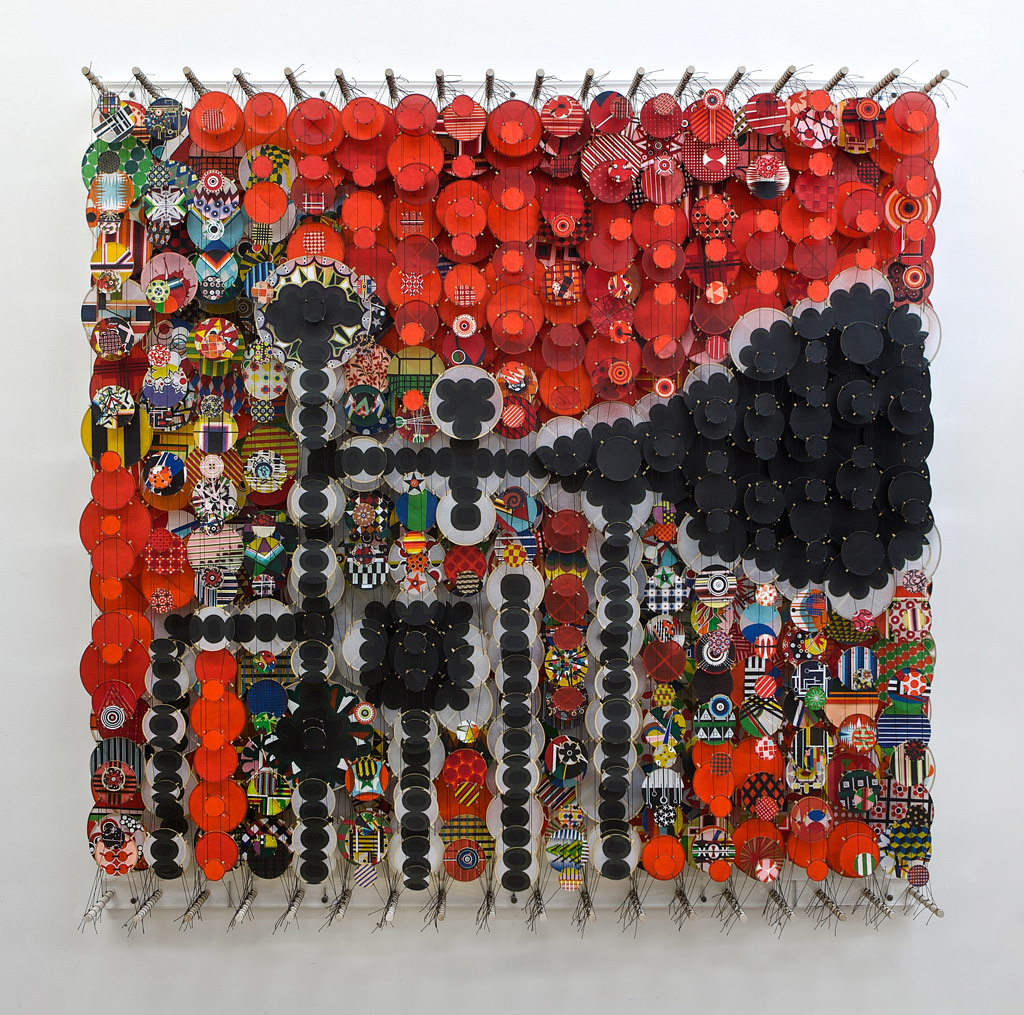 Jacob Hashimoto, Super Real Control Systems and Savage Momentum, 2012, acrylic, paper, dacron, wood, 60 x 60 x 8 in