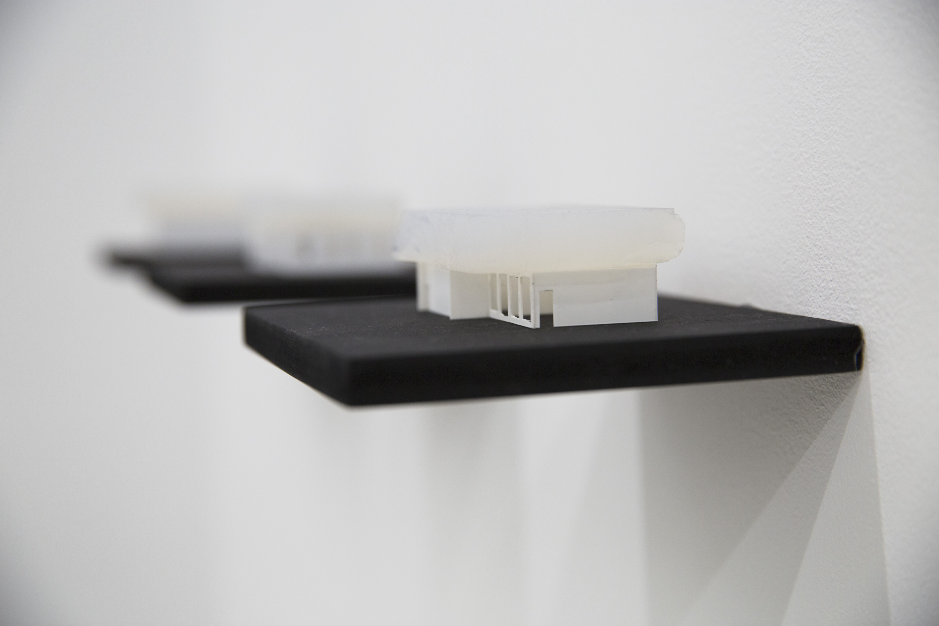 Berndnaut Smilde, Cumulus Series, 2012-2014, aerogel and plastic model, 3.5 x 7.5 x 7.5 cm each