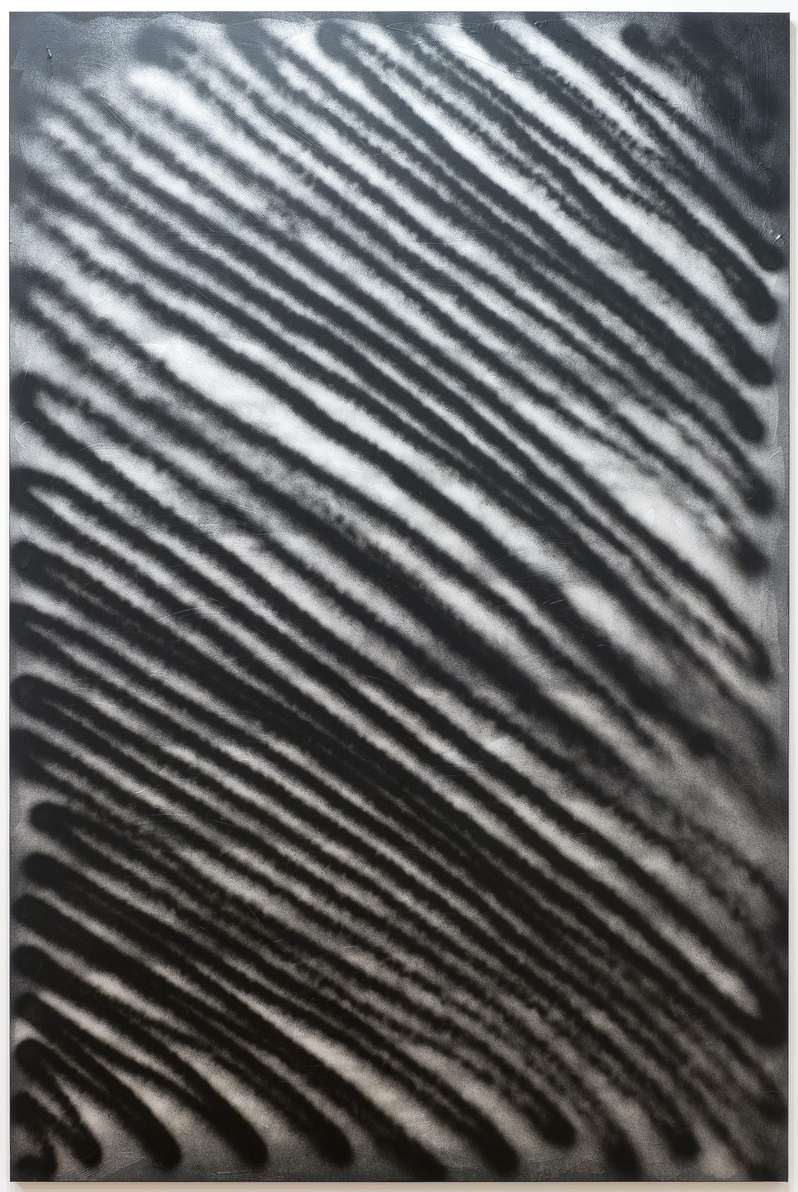 Ziggy Grudzinskas, Black Light Burns, 2014, bitumen paint and spray paint on linen, 300 x 200 cm