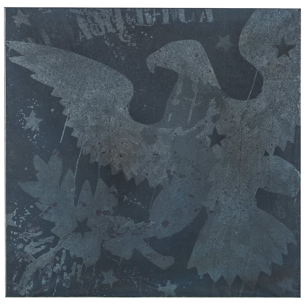Franco Angeli, Of America,1966, mixed media on canvas with tulle, 100×100 cm