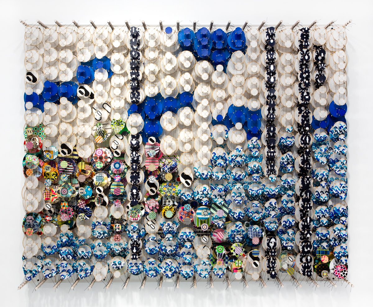 Jacob Hashimoto, Memory, left alone — the invention of uncertainty, 2021, bamboo, acrylic, paper, wood and Dacron, 57 x 71 in (JHa302266)_A