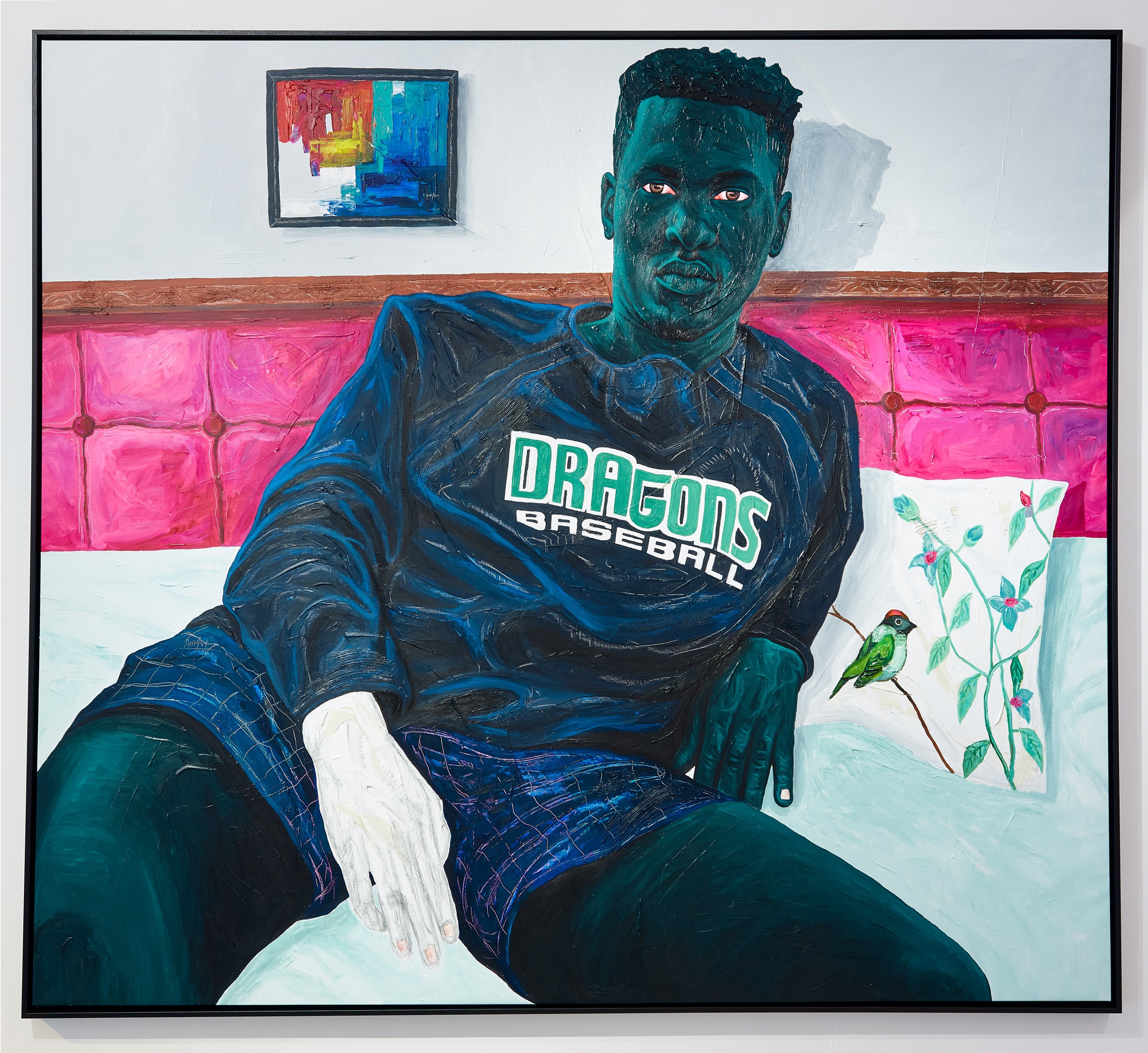 Annan Affotey, Qhamanande, 2021, acrylic and charcoal on canvas, 198 x 223 cm, framed, LR