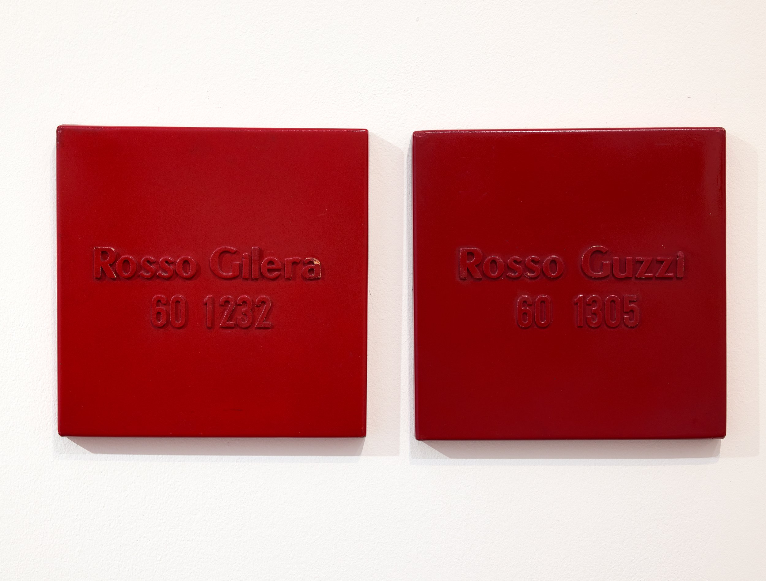 Alighiero Boetti, Rosso Guzzi Rosso Gilera, 1971, industrial varnish on cork letters on metal, 25 x 25 cm (each), ABo302446